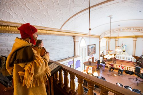 MIKAELA MACKENZIE / WINNIPEG FREE PRESS
Marcel Sorin watches his sons, Cabrel and Miguel, play traditional music at Riel Day activities at Le Musée de Saint-Boniface Museum in Winnipeg on Monday, Feb. 18, 2019.
Winnipeg Free Press 2019.