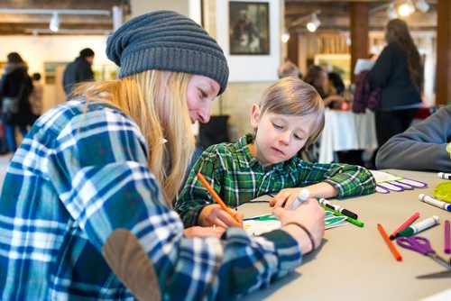 MIKAELA MACKENZIE / WINNIPEG FREE PRESS
Rowan Vincent, six, and his mother, Kyla Vincent, colour in a paper version of a traditional Metis octopus bag at Riel Day activities at Le Musée de Saint-Boniface Museum in Winnipeg on Monday, Feb. 18, 2019.
Winnipeg Free Press 2019.