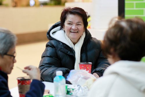MIKAELA MACKENZIE / WINNIPEG FREE PRESS
Lydia Sylvia laughs with friends as they have breakfast at Polo Park after doing their walk in the mall in Winnipeg on Tuesday, Feb. 19, 2019.
Winnipeg Free Press 2019.