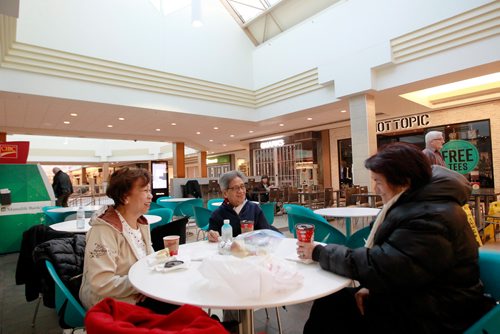 MIKAELA MACKENZIE / WINNIPEG FREE PRESS
Gloria Macdangdang (left), Carmen Eisma, and Lydia Sylvia have breakfast at Polo Park after doing their walk in the mall in Winnipeg on Tuesday, Feb. 19, 2019. 
Winnipeg Free Press 2019.