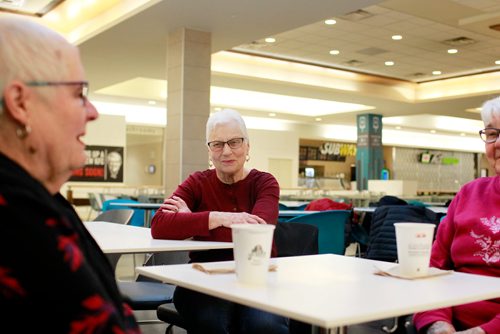 MIKAELA MACKENZIE / WINNIPEG FREE PRESS
Arla Anderson (left), Shirley Hoban, and Ruth Stefanson have coffee at Polo Park after doing their walk in the mall in Winnipeg on Tuesday, Feb. 19, 2019. 
Winnipeg Free Press 2019.