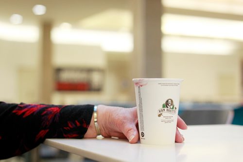 MIKAELA MACKENZIE / WINNIPEG FREE PRESS
Arla Anderson has coffee with friends at Polo Park after doing their walk in the mall in Winnipeg on Tuesday, Feb. 19, 2019. 
Winnipeg Free Press 2019.