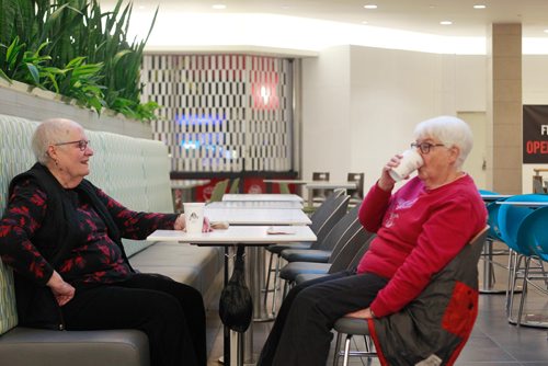 MIKAELA MACKENZIE / WINNIPEG FREE PRESS
Arla Anderson (left) and Ruth Stefanson have coffee at Polo Park after doing their walk in the mall in Winnipeg on Tuesday, Feb. 19, 2019. 
Winnipeg Free Press 2019.