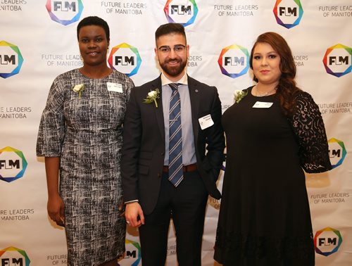 JASON HALSTEAD / WINNIPEG FREE PRESS

L-R: Award finalists in the 20- to 25-year-old category, Brenda Okorogba (scholarship search strategist, STEMHub Foundation), Mohammad Almaleki (Almaleki Developments) and Marika Schalla (Indigenous educator) at the Future Leaders of Manitoba's (FLM) 11th annual awards ceremony on Jan. 24, 2019, at the Fort Garry Hotel. (See Social Page)