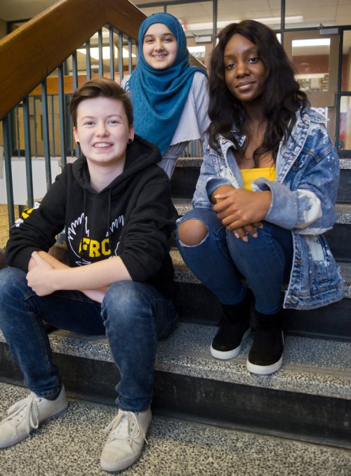 Canstar Community News Feb. 13, 2019 - Fort Richmond Collegiate students Jay Webster, Urooba Ahmed, and Sophia Abolore wrote and performed a piece of spoken word poetry to raise awareness of gender discrimination and violence for the Manitoba Council for International Cooperation. (DANIELLE DA SILVA/SOUWESTER/CANSTAR)