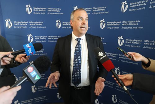 TREVOR HAGAN/ WINNIPEG PRESS
Réal Cloutier, chief executive officer, WRHA, speaking to media at WRHA headquarters on Main Street regarding high patient volume, Wednesday, February 20, 2019.
