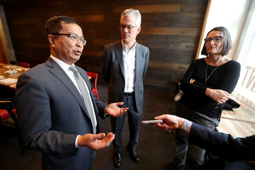 TREVOR HAGAN / WINNIPEG FREE PRESS
Marcel Joaquin of IQ Digitec, Michael Denham, CEO of Business Development Bank of Canada and Pat Heritage of the Mustard Millers of Canada, at the Merchant Kitchen, Wednesday, February 20, 2019.