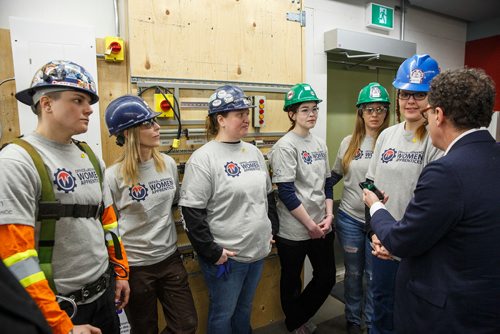 MIKE DEAL / WINNIPEG FREE PRESS
(from left) students a the IBEW Local 2085 Training Centre, Candice Tonn, Lisa Burr, Meagan Robinson , Evangeline Cauchi, Laura Csuzdi, Kristy Wood after Patty Hajdu, Federal Minister of Employment, Workforce Development and Labour announced $3.1 in funding for Canadas Building Trades Unions for its project, An Innovative Model to Enhance Entry, Advancement, and Employment Outcomes of Women Apprentices.
190221 - Thursday, February 21, 2019.