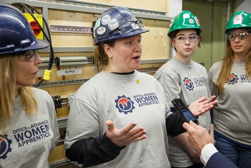 MIKE DEAL / WINNIPEG FREE PRESS
(from left) students a the IBEW Local 2085 Training Centre, Lisa Burr, Meagan Robinson , Evangeline Cauchi, and Laura Csuzdi, after Patty Hajdu, Federal Minister of Employment, Workforce Development and Labour announced $3.1 in funding for Canadas Building Trades Unions for its project, An Innovative Model to Enhance Entry, Advancement, and Employment Outcomes of Women Apprentices.
190221 - Thursday, February 21, 2019.