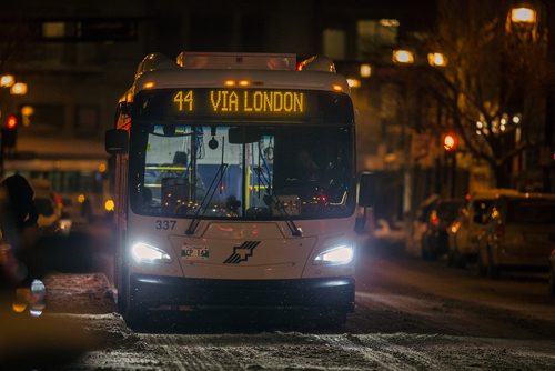 PHIL HOSSACK / WINNIPEG FREE PRESS  - Busses and bus drivers downtown Winnipeg at night. See 49.8 feature.  - Feb 21, 2019.