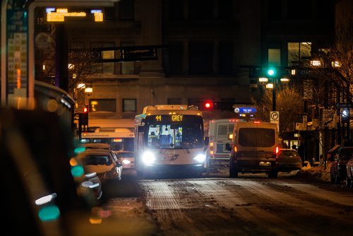 PHIL HOSSACK / WINNIPEG FREE PRESS  - Busses and bus drivers downtown Winnipeg at night. See 49.8 feature.  - Feb 21, 2019.