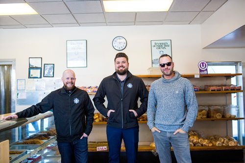 MIKAELA MACKENZIE / WINNIPEG FREE PRESS
City Bread sales managers Kyle Watson (left) and Derek Kostynuik and instagram partner Carew Duffy (@sandwichesandselfies) pose for a portrait at City Bread in Winnipeg on Friday, Feb. 22, 2019.
Winnipeg Free Press 2019.