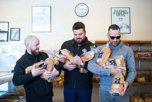 MIKAELA MACKENZIE / WINNIPEG FREE PRESS
City Bread sales managers Kyle Watson (left) and Derek Kostynuik and instagram partner Carew Duffy (@sandwichesandselfies) pose for a portrait at City Bread in Winnipeg on Friday, Feb. 22, 2019.
Winnipeg Free Press 2019.