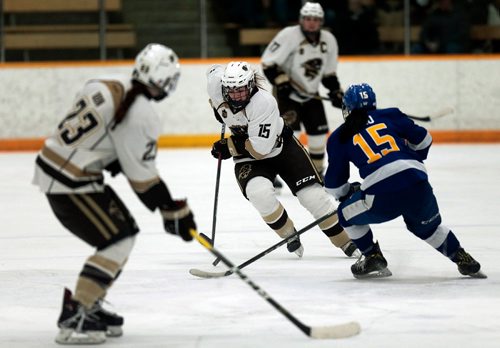 PHIL HOSSACK / WINNIPEG FREE PRESS - Manitoba Bison #15 Jenai Buchanan weaves past UBC Thunderbird #15 Tiffany Chiu in playoff action Friday evening. Bisons #23 Lauryn Keen (front and #17 Erica Reider keep an eye on the play. - February 22, 2019.