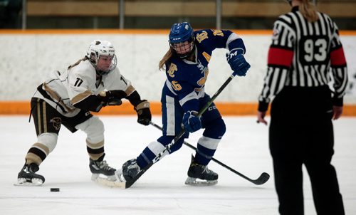PHIL HOSSACK / WINNIPEG FREE PRESS - UBC Thunderbird #16 Mikayla Ogrodnniczuk backhands a pass around Bison #11 Courtlyn Oswald in playoff action Friday night.  - February 22, 2019.