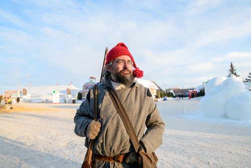 Mike Sudoma / Winnipeg Free Press
Jay Ruston, a 3 year volunteer with Festival Du Voyageur getting in character before his shift Friday afternoon.
February 22, 2018