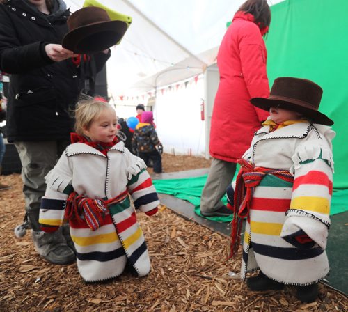 TREVOR HAGAN/ WINNIPEG PRESS
Brothers, Zacharie and Ezechiel Janichon, 2, getting all dressed up for the last day of last day of Festival du Voyageur, Sunday, February 24, 2019.