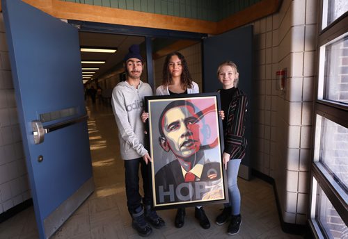 RUTH BONNEVILLE / WINNIPEG FREE PRESS

LOCAL - students/Obama

Maples Met School, (in Maples Collegiate) 

WHERE Maples Met School, (in Maples Collegiate) 

Maples Met School students: Alexis Bez (pony rail, gr. 11), Karina Lawe (curls, gr. 11) and Armaandeep Dhanoa (gr. 9), are all smiles as they hold a poster of President Barack Obama at their school recently.  

See story about three students and principal Ben Carr from Maples Met School meeting with President Barack Obama at the Winnipeg Chamber of Commerce VIP meet-and-greet reception on March 4, 2019. 

This meeting will take place prior to Obama's appearance at the Bell MTS Place in the A Conversation with President Barack Obama event. 

Story will be about the connection between Obama and the Met School philosophy and what the students think and feel about meeting Obama.


Ashley Prest Story.


Feb 25, 2019
