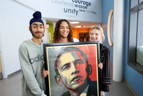RUTH BONNEVILLE / WINNIPEG FREE PRESS

LOCAL - students/Obama

Maples Met School, (in Maples Collegiate) 

WHERE Maples Met School, (in Maples Collegiate) 

Maples Met School students: Alexis Bez (pony rail, gr. 11), Karina Lawe (curls, gr. 11) and Armaandeep Dhanoa (gr. 9), are all smiles as they make their way through the halls of the school walking with a poster of President Barack Obama to the schools cafeteria recently.


See story about three students and principal Ben Carr from Maples Met School meeting with President Barack Obama at the Winnipeg Chamber of Commerce VIP meet-and-greet reception on March 4, 2019. 

This meeting will take place prior to Obama's appearance at the Bell MTS Place in the A Conversation with President Barack Obama event. 

Story will be about the connection between Obama and the Met School philosophy and what the students think and feel about meeting Obama.


Ashley Prest Story.


Feb 25, 2019
