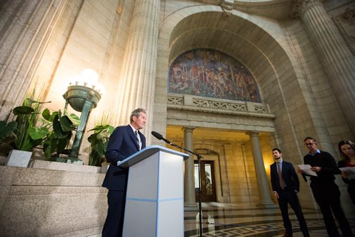 MIKAELA MACKENZIE / WINNIPEG FREE PRESS
Premier Brian Pallister talks about eliminating interprovincial trade barriers at the Manitoba Legislative Building in Winnipeg on Tuesday, Feb. 26, 2019. 
Winnipeg Free Press 2019.