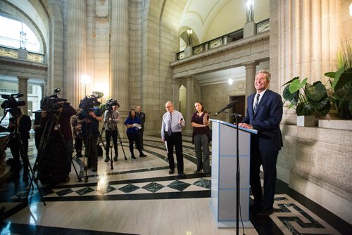 MIKAELA MACKENZIE / WINNIPEG FREE PRESS
Premier Brian Pallister talks about eliminating interprovincial trade barriers at the Manitoba Legislative Building in Winnipeg on Tuesday, Feb. 26, 2019. 
Winnipeg Free Press 2019.