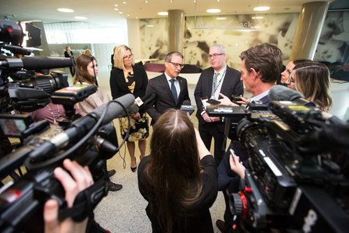 MIKAELA MACKENZIE / WINNIPEG FREE PRESS
Rochelle Squires, Minister of Sustainable Development, and Minister responsible for Francophone Affairs and Status of Women (left), Cameron Friesen, Minister of Health, Seniors and Active Living, and Ronan Segrave, Interim Chief Operating Officer of HSC Winnipeg, speak to the media at the new HSC Winnipeg Womens Hospital in Winnipeg on Tuesday, Feb. 26, 2019. 
Winnipeg Free Press 2019.