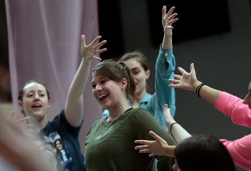 PHIL HOSSACK / WINNIPEG FREE PRESS - The Ensemble for "Pippin" dances through a scene around female lead Katie German in rehearsal Tuesday. Randall King review.  - February 26, 2019.