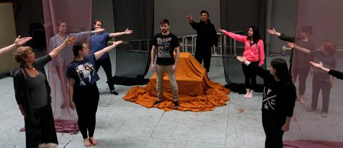 PHIL HOSSACK / WINNIPEG FREE PRESS - The Ensemble for "Pippin" salutes King Pippin played by Wes Rambow (centre) in rehearsal Tuesday. Randall King review.  - February 26, 2019.