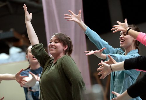 PHIL HOSSACK / WINNIPEG FREE PRESS - The Ensemble for "Pippin" dances through a scene around female lead Katie German in rehearsal Tuesday. Randall King review.  - February 26, 2019.