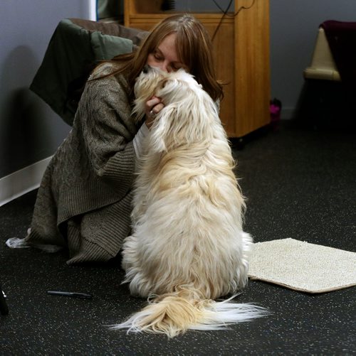 PHIL HOSSACK / WINNIPEG FREE PRESS -Oliver the Lhasa apso cross is praised by his owner Leesa Dahl at the Animal Actors of Manitoba workshop. - February 26, 2019.
