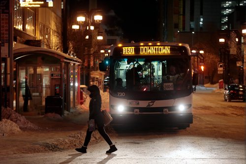 PHIL HOSSACK / WINNIPEG FREE PRESS -Night time bus scenes in downtown Winnipeg, re: Story on danger of driving transit buses at night.  - February 26, 2019.