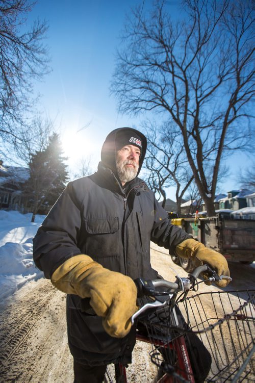 MIKAELA MACKENZIE / WINNIPEG FREE PRESS
Cyclist Tim Brandt poses for a portrait in Corydon in Winnipeg on Wednesday, Feb. 27, 2019.  Brandt has not driven in 18 years, and is one of a growing segment of Winnipeggers who have made the choice to go car-free.
Winnipeg Free Press 2019.