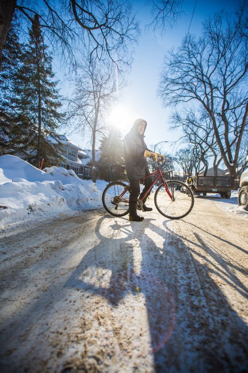 MIKAELA MACKENZIE / WINNIPEG FREE PRESS
Cyclist Tim Brandt poses for a portrait in Corydon in Winnipeg on Wednesday, Feb. 27, 2019.  Brandt has not driven in 18 years, and is one of a growing segment of Winnipeggers who have made the choice to go car-free.
Winnipeg Free Press 2019.