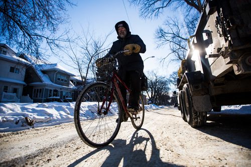 MIKAELA MACKENZIE / WINNIPEG FREE PRESS
Cyclist Tim Brandt poses for a portrait in Corydon in Winnipeg on Wednesday, Feb. 27, 2019.  Brandt has not driven in 18 years, and is one of a growing segment of Winnipeggers who have made the choice to go car-free.
Winnipeg Free Press 2019.