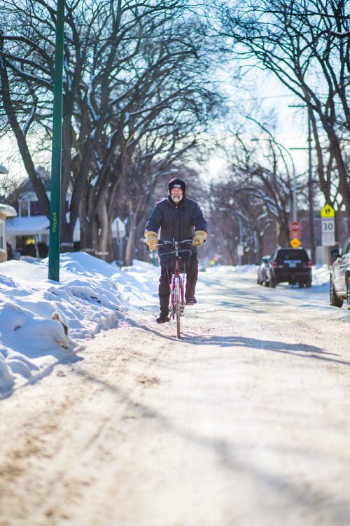 MIKAELA MACKENZIE / WINNIPEG FREE PRESS
Cyclist Tim Brandt poses for a portrait in Corydon in Winnipeg on Wednesday, Feb. 27, 2019.  Brandt has not driven in 18 years, and is one of a growing segment of Winnipeggers who have made the choice to go car-free.
Winnipeg Free Press 2019.