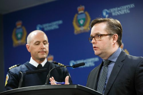 MIKE DEAL / WINNIPEG FREE PRESS
Deputy Chief Gord Perrier (right) and Deputy Chief, Operations & Communications for WFPS Christian Schmidt (left) address comments made by firefighters union president Alex Forrest during a hastily called media briefing Wednesday afternoon at the Police HQ.
190227 - Wednesday, February 27, 2019.