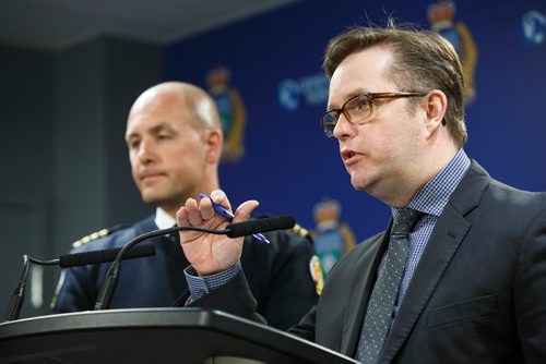 MIKE DEAL / WINNIPEG FREE PRESS
Deputy Chief Gord Perrier (right) and Deputy Chief, Operations & Communications for WFPS Christian Schmidt (left) address comments made by firefighters union president Alex Forrest during a hastily called media briefing Wednesday afternoon at the Police HQ.
190227 - Wednesday, February 27, 2019.