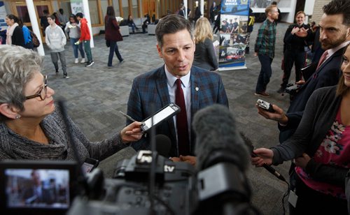 MIKE DEAL / WINNIPEG FREE PRESS
Mayor Brian Bowman talks to media while attending the Youth Matters Wellness Conference. The conference, hosted by the Winnipeg Police Service, gathered about 1100 junior high students from across the city at the Immanuel Pentecostal Church at 955 Wilkes Avenue for a day-long event aimed at getting young people to think about their overall health and wellness.
190227 - Wednesday, February 27, 2019.