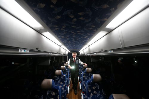 JOHN WOODS / WINNIPEG FREE PRESS
Roger Hamelin, a bus driver with Beaver Bus Lines, inspects his bus that he will driving to Waywayseecappo and back Sunday, February 24, 2019. Hamelin drove from Winnipeg to Steinbach to pick up the Steinbach Pistons and then onto Waywayseecappo where they played the Waywayseecappo Wolverines and then back to Winnipeg in what turned out to be an eighteen hour day.