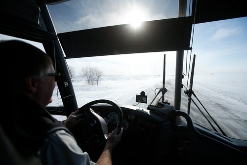 JOHN WOODS / WINNIPEG FREE PRESS
Roger Hamelin, a bus driver with Beaver Bus Lines, drives his bus in challenging conditions to Waywayseecappo and back Sunday, February 24, 2019. Hamelin drove from Winnipeg to Steinbach to pick up the Steinbach Pistons and then onto Waywayseecappo where they played the Waywayseecappo Wolverines and then back to Winnipeg in what turned out to be an eighteen hour day.
