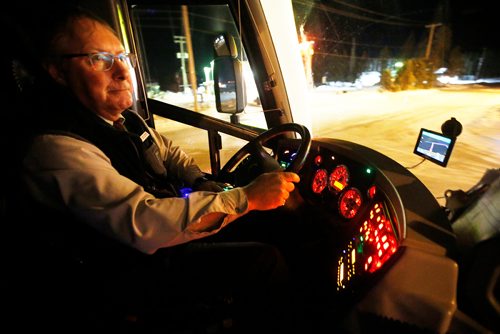 JOHN WOODS / WINNIPEG FREE PRESS
About to meet his daily driving limit Roger Hamelin, a bus driver with Beaver Bus Lines, pulls his bus into a Portage La Prairie shopping mall lot to meet his relief driver who will take over the drive to the depot Sunday, February 24, 2019. Hamelin drove from Winnipeg to Steinbach to pick up the Steinbach Pistons and then onto Waywayseecappo where they played the Waywayseecappo Wolverines and then back to Winnipeg in what turned out to be an eighteen hour day.
