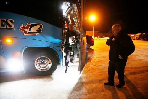 JOHN WOODS / WINNIPEG FREE PRESS
About to meet his daily driving limit Roger Hamelin, a bus driver with Beaver Bus Lines, pulled his bus into a Portage La Prairie shopping mall lot to meet his relief driver Gary who will take over the drive to the depot Sunday, February 24, 2019. Hamelin drove from Winnipeg to Steinbach to pick up the Steinbach Pistons and then onto Waywayseecappo where they played the Waywayseecappo Wolverines and then back to Winnipeg in what turned out to be an eighteen hour day.