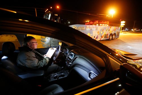 JOHN WOODS / WINNIPEG FREE PRESS
About to meet his daily driving limit Roger Hamelin, a bus driver with Beaver Bus Lines, sits in "relief vehicle" in a Portage La Prairie shopping mall after his relief driver Gary took over the drive to the depot Sunday, February 24, 2019. Hamelin drove from Winnipeg to Steinbach to pick up the Steinbach Pistons and then onto Waywayseecappo where they played the Waywayseecappo Wolverines and then back to Winnipeg in what turned out to be an eighteen hour day.