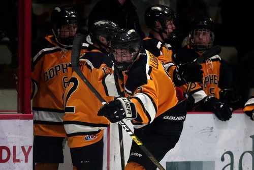 PHIL HOSSACK / WINNIPEG FREE PRESS - Garden City Gophers' #17 Noah Funk celebrates a goal against the Huskies early in the close scoring game. See Mike Sawatzky story. - February 27, 2019.
