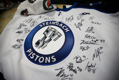 JOHN WOODS / WINNIPEG FREE PRESS
Steinbach Pistons signed jersey for a charity event sits in the dressing room prior the bus ride to  Waywayseecappo and back Sunday, February 24, 2019. Steinbach Pistons hit the road on a bus to Waywayseecappo where they played the Waywayseecappo Wolverines and then returned to Steinbach for a 17.5 hour day.