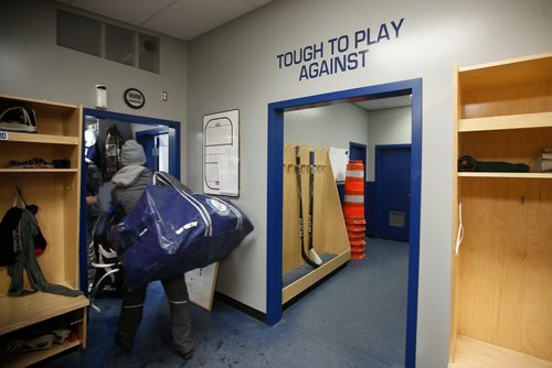 JOHN WOODS / WINNIPEG FREE PRESS
The last Steinbach Pistons player leaves the dressing room for the bus ride to  Waywayseecappo and back Sunday, February 24, 2019. Steinbach Pistons hit the road on a bus to Waywayseecappo where they played the Waywayseecappo Wolverines and then returned to Steinbach for a 17.5 hour day.