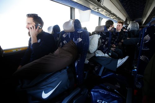 JOHN WOODS / WINNIPEG FREE PRESS
Steinbach Pistons trainer Jeff Eidse, during the bus ride to  Waywayseecappo Sunday, February 24, 2019. Steinbach Pistons hit the road on a bus to Waywayseecappo where they played the Waywayseecappo Wolverines and then returned to Steinbach for a 17.5 hour day.