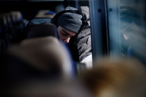 JOHN WOODS / WINNIPEG FREE PRESS
Steinbach Pistons player sleeps during the bus ride to  Waywayseecappo Sunday, February 24, 2019. Steinbach Pistons hit the road on a bus to Waywayseecappo where they played the Waywayseecappo Wolverines and then returned to Steinbach for a 17.5 hour day.