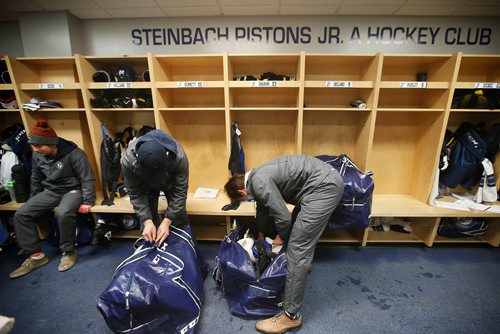 JOHN WOODS / WINNIPEG FREE PRESS
Steinbach Pistons players pack gear for the bus ride to  Waywayseecappo and back Sunday, February 24, 2019. Steinbach Pistons hit the road on a bus to Waywayseecappo where they played the Waywayseecappo Wolverines and then returned to Steinbach for a 17.5 hour day.
