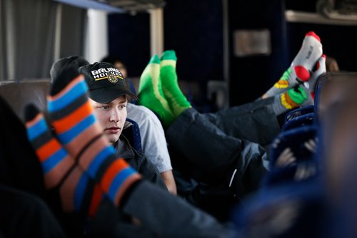 JOHN WOODS / WINNIPEG FREE PRESS
Steinbach Pistons forward Max Neill looks around as other players relax during the bus ride to Waywayseecappo Sunday, February 24, 2019. Steinbach Pistons hit the road on a bus to Waywayseecappo where they played the Waywayseecappo Wolverines and then returned to Steinbach for a 17.5 hour day.